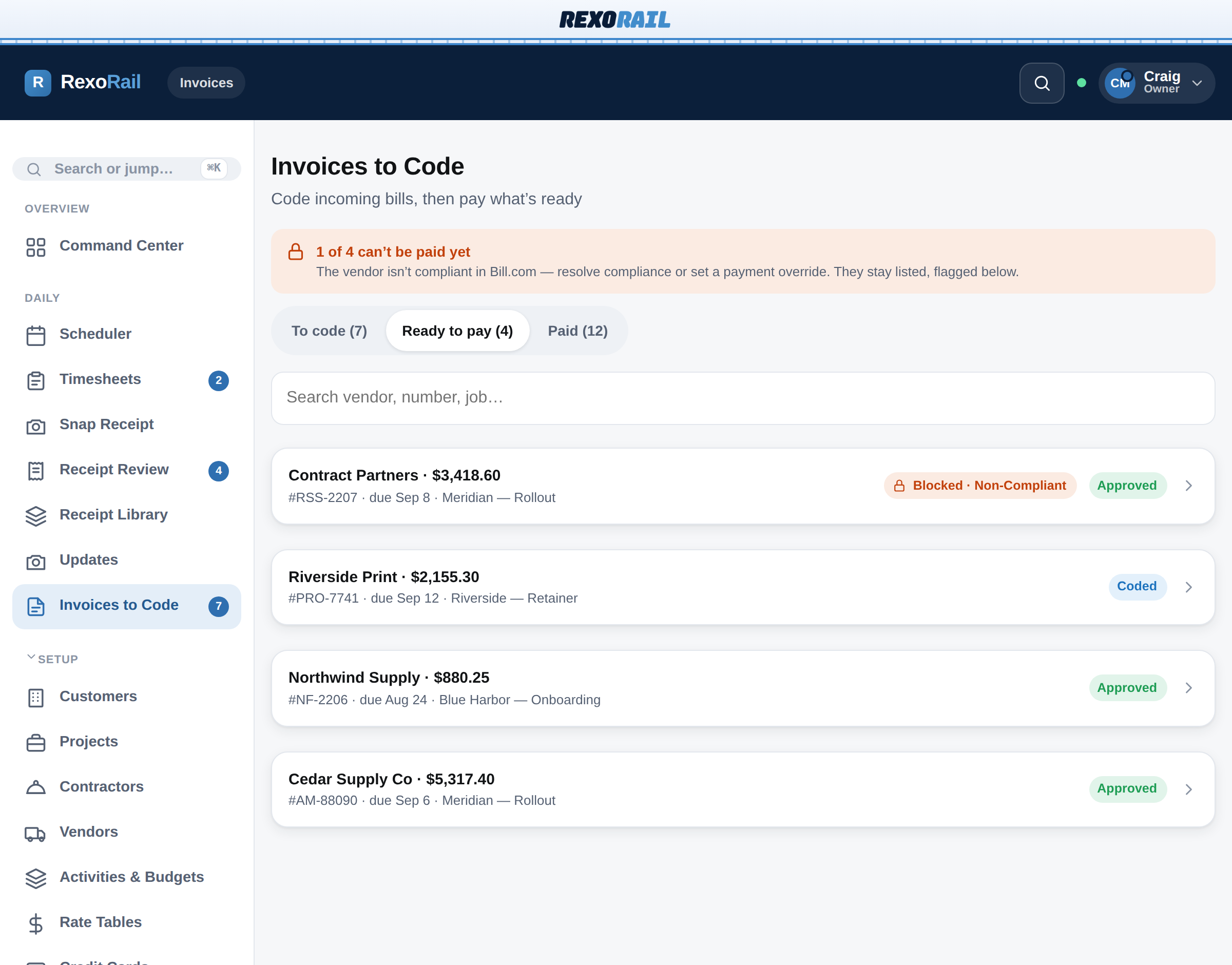 Rexo Rail invoices to code — invoices coded, matched and approved, with one flagged for review until it is resolved.