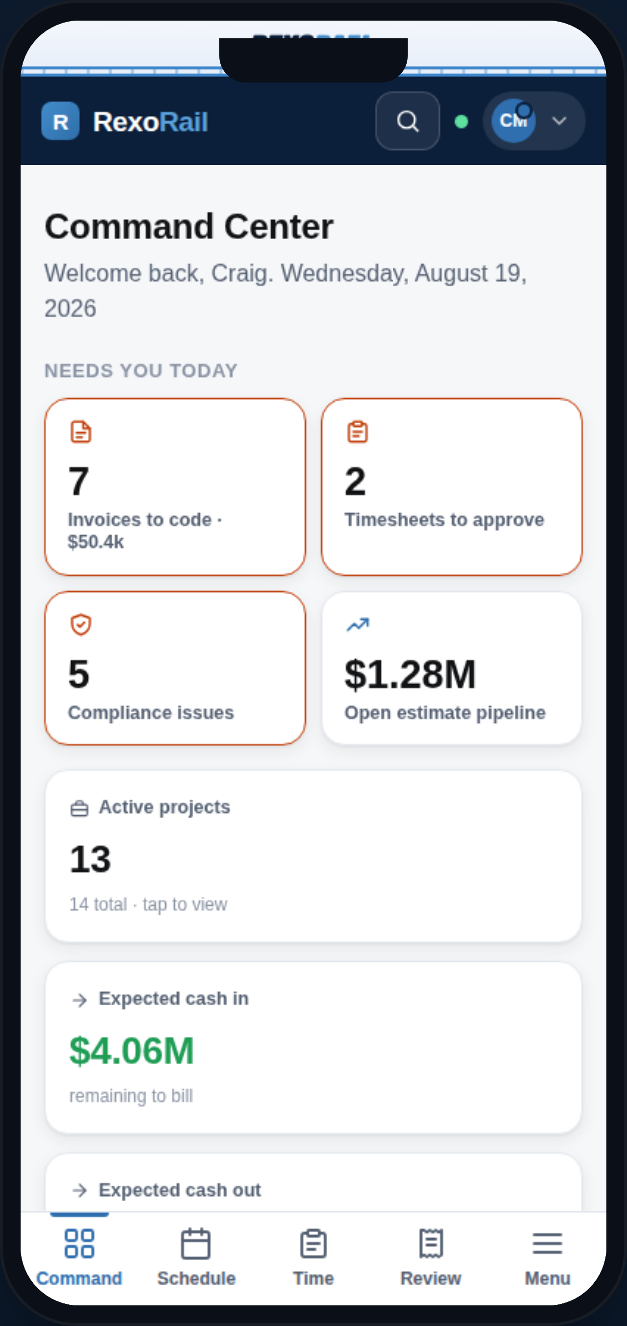 Rexo Rail Command Center on a phone — the owner's whole-business overview, in their pocket.